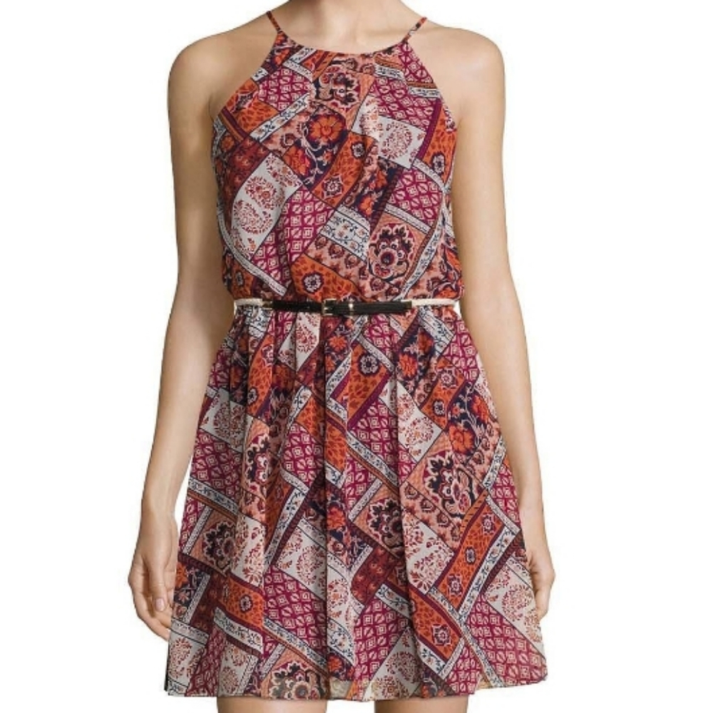 By & By Red Patchwork Pattern Belted Halter Mini … - image 1